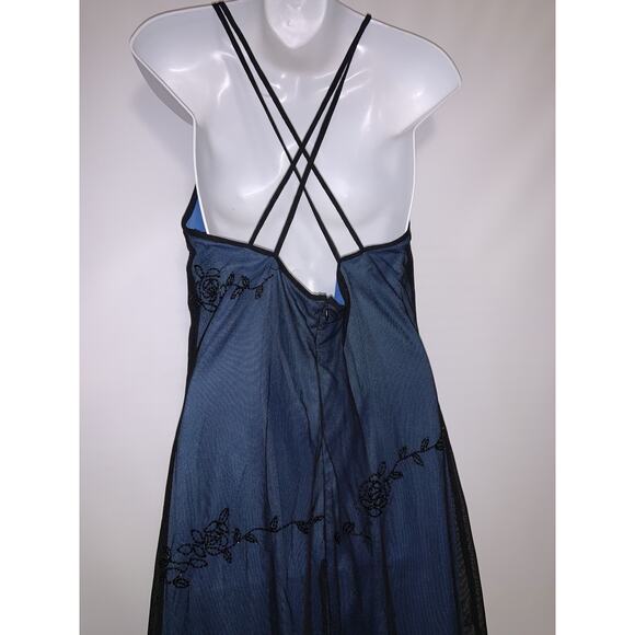 Vintage Reggio Prom Dress Maxi Gown 12 Blue Black Goth 90s Y2K Floral Mesh Bead - Picture 5 of 9